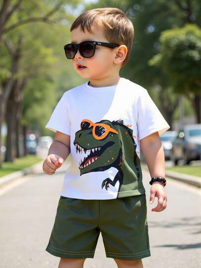 SHEIN 1 Set Of Young Boys' Casual Fashion Digital 67 Printed Crew Neck Short-Sleeve T-Shirt And Matching Knitted Coconut Tree All-Over Print Shorts Set, Vacation Beach Seaside Boys' Summer Outfit, New SS26 Fashion, Summer Outfits Summer Clothing