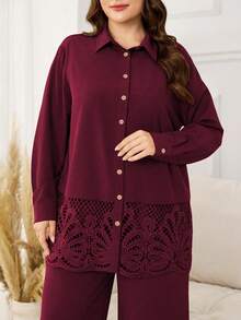 SHEIN Lacomfia Bộ đồ 2 món cỡ lớn, kiểu dáng thường ngày, màu trơn, gồm áo dài tay có bèo nhún ở gấu và quần ống rộng cạp chun, thích hợp cho mùa xuân/thu. - Màu Đỏ Sâu - Xem 5