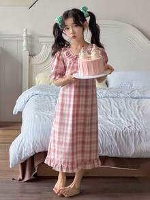 DAZY Girls' Plaid Short Sleeve Long Dress Sleepwear, Loose Lightweight Summer Pajamas, Plus Size - Pink - View 3