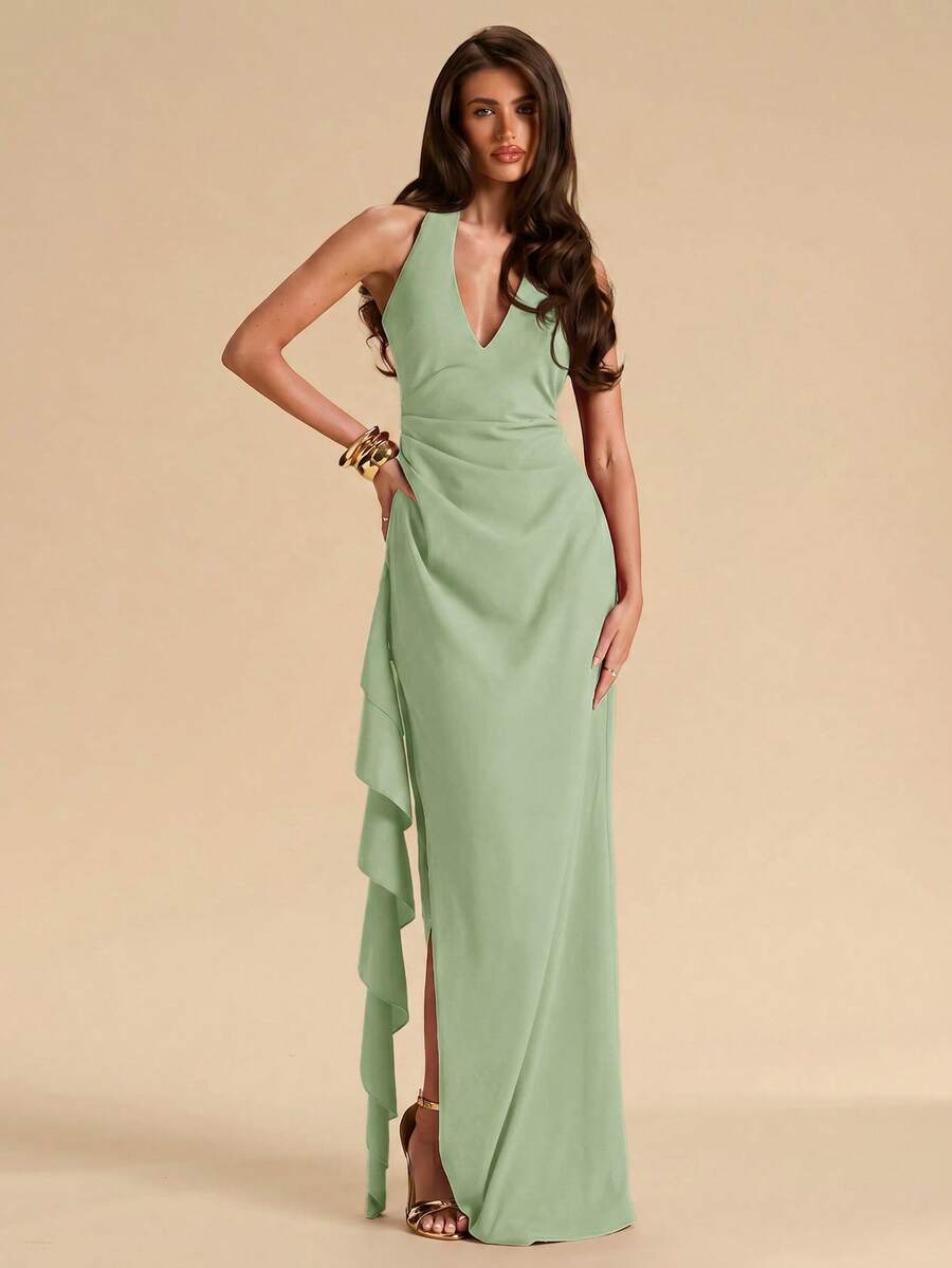 SHEIN BAE Spring & Summer Bridesmaid Dress, Deep V-Neck Halter Ruffle High Slit Ruffled Wrap Long Red For Women, Elegant Maxi - Mint Green - View 1
