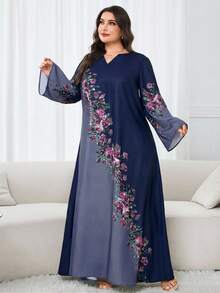 Al Najma Plus Size Elegant Contrast Color Floral Print Flare Sleeve Dress - Navy Blue - View 1