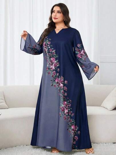 Al Najma Plus Size Elegant Contrast Color Floral Print Flare Sleeve Dress