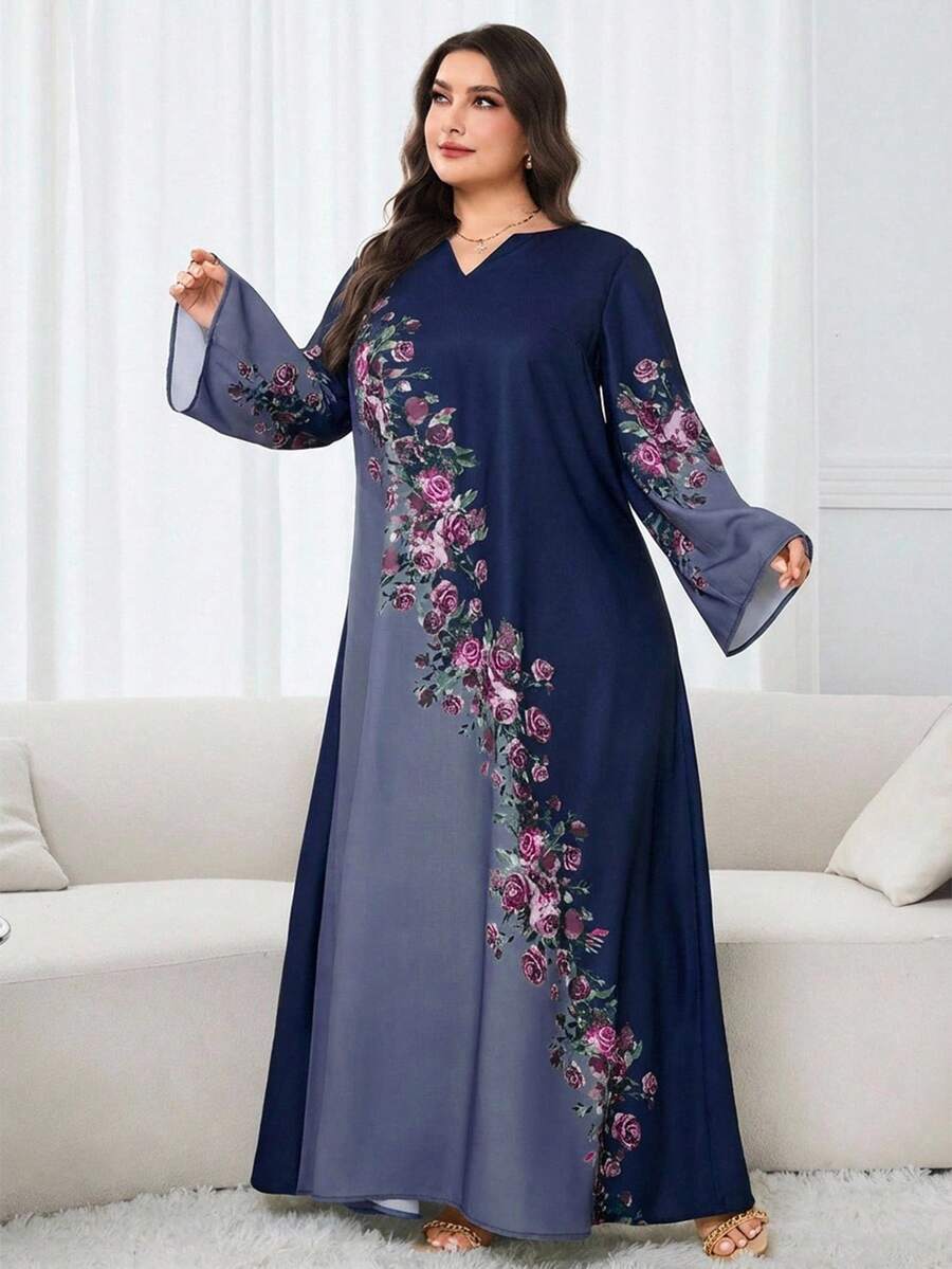 Al Najma Plus Size Elegant Contrast Color Floral Print Flare Sleeve Dress - Navy Blue - View 1