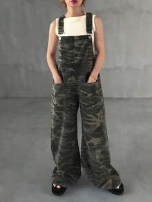 FRIFUL Bộ jumpsuit denim ống rộng dáng suông in họa tiết rằn ri phong cách đường phố thường ngày dành cho nữ, phù hợp cho việc đi lại hàng ngày. - Màu xanh lam - Xem 6