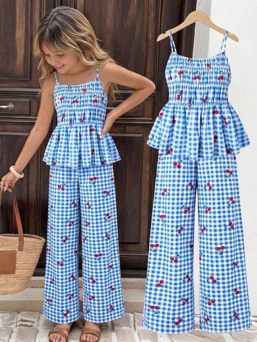 SHEIN Sparklyn 2pcs/Set Teen GirlCasual Camisole Top And Wide Leg Pants Set, Summer - Blue - View 1