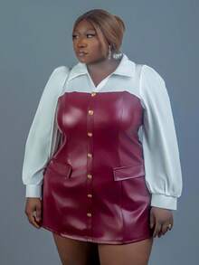 CurvyTilda Christmas Plus Size Women's Burgundy PU Shirt Dress, 2 In 1 Shirt Dress, Women's Long Sleeve Fashionable Burgundy PU Shirt Dress, Burgundy Leather Dress, Back To School, Rave Outfits,Work  Women Fall & Winter Outfit For Women,Formal Dress,Old Money Outfits,Elegant Outfits, Faux Leather Dress, Leather Outfits For Women, Winery Outfit Women, Wine Tasting Outfit, For Hourglass Body Shape - Multicolor - View 4