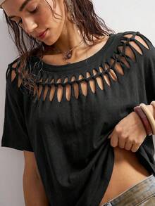 SHEIN BohoFeels 女士休闲纯色针织圆领短袖宽松做旧T恤 - 黑色 - 查看 1