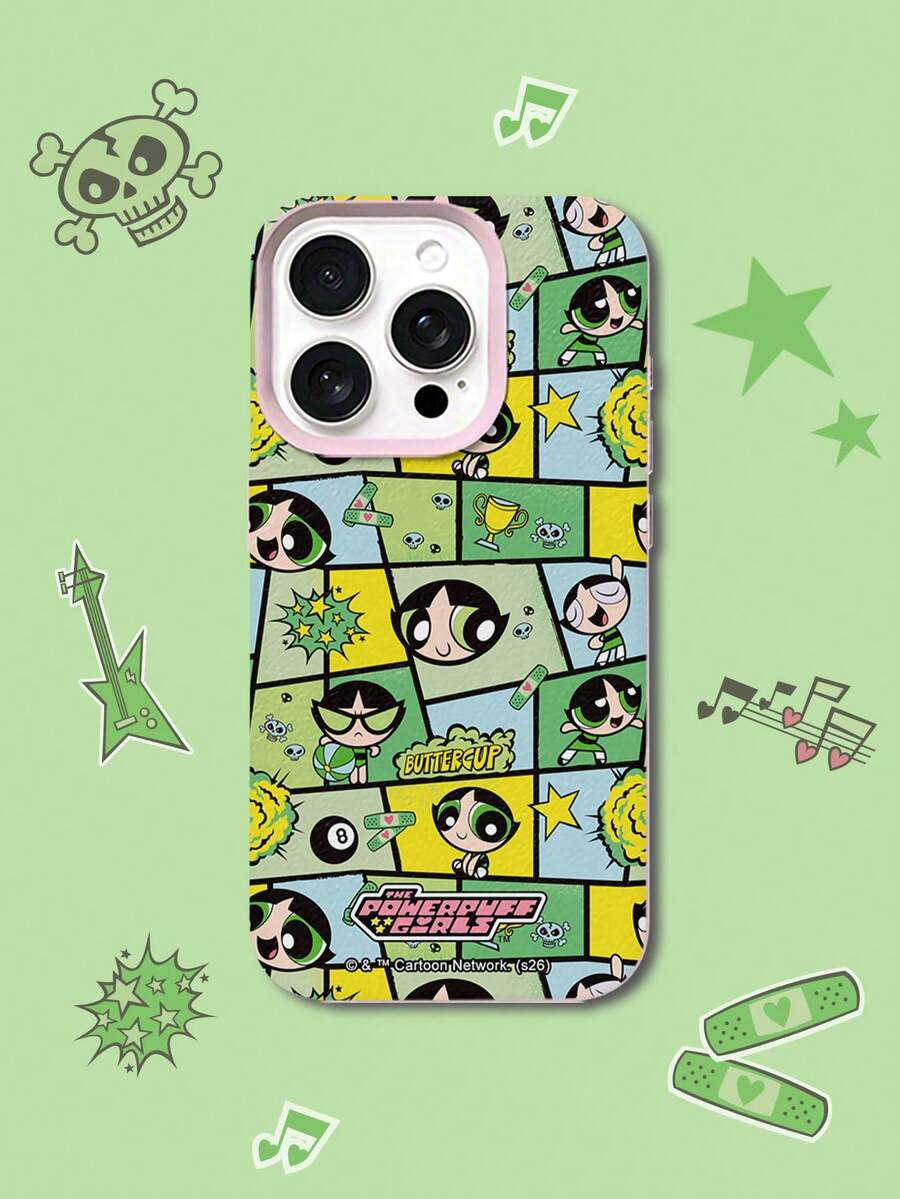 THE POWERPUFF GIRLS X SHEIN 飞天小女警毛毛绿色卡通拼贴印花粉色边框米色皮革纹理手机壳，防震防摔全包保护套，适用于iPhone 16/15/14/13/12 Pro Max Plus，Y2K复古美学可爱少女风ins风高档手机壳 - 彩色 - 查看 1