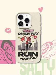 THE POWERPUFF GIRLS X SHEIN Ốp lưng điện thoại họa tiết hoạt hình Mojo Jojo của Powerpuff Girls, chất liệu da màu be, chống sốc, chống rơi, bảo vệ toàn diện cho iPhone 16 15 14 13 12 Pro Max Plus, phong cách retro Y2K, dễ thương, nữ tính, thời trang cao cấp. - Nhiều màu - Xem 2