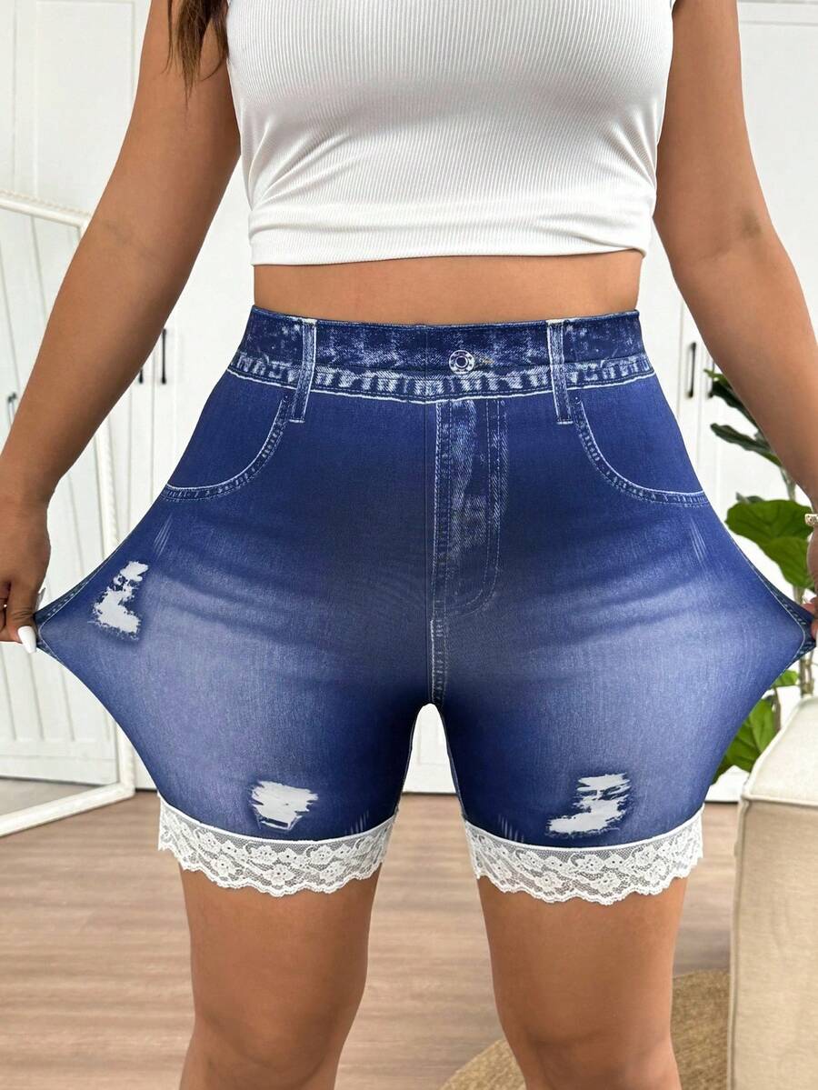 SHEIN Frenchy Quần short dáng ôm, phối ren, hiệu ứng denim, cỡ lớn. - Nhiều màu - Xem 1
