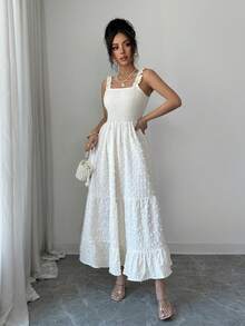 Elenzga 女士休闲优雅长款针织连衣裙，荷叶边下摆和细肩带设计，适合夏季休闲、度假、约会、日常穿着、节日和派对等场合。 - 杏色 - 查看 3