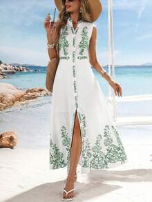 Vestido de verano con estampado floral, cuello con muesca, sin mangas y bajo con abertura - Verde - Ver 3