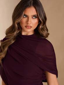 SHEIN BAE 休闲、约会、外出、夜店、派对装扮 米棕色圆领短袖褶皱修身优雅连衣裙，春夏款 - 紫紅色 - 查看 6