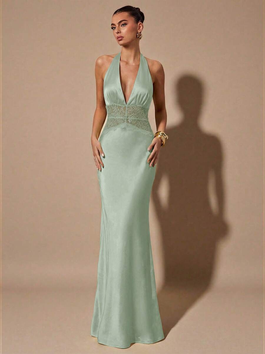 SHEIN BAE Đầm maxi satin đen tuyền gợi cảm cổ chữ V sâu, eo yếm, phối ren khoét rỗng, dáng đuôi cá, thích hợp cho tiệc cocktail, hẹn hò lãng mạn, họp mặt, sự kiện trang trọng, váy phù dâu, váy dạ hội, Giáng sinh, Năm mới, Ngày Valentine, tiệc trà, hoặc bất kỳ dịp nào khác. - Màu xanh Bạc hà - Xem 1