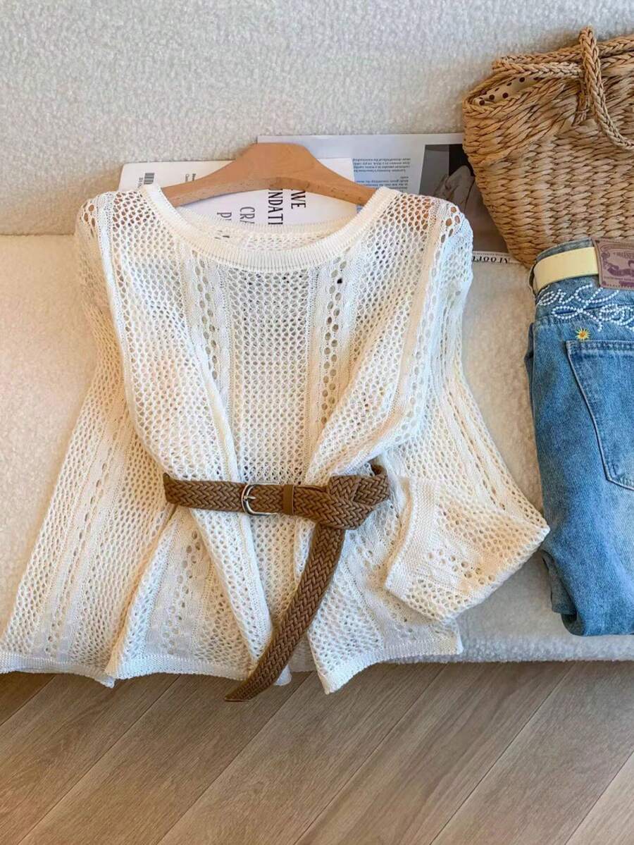 Women's Fashionable Hollow-Out Knit Sweater, Lightweight Cardigan For Sun Protection - Beige - View 1