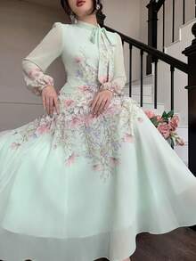 Modelyn Tie-Waist Ruched Placement Print Flared Long Sleeve Dress For Women - Pastel Green - View 5