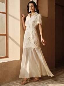 Anewsta Summer Sequin Textured Short Sleeve Half-Placket Dress, Suitable For Vacation, Daily Gatherings - Apricot - View 7