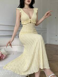Celisse Đầm dài dự tiệc thanh lịch dành cho nữ, cổ chữ V, viền bèo nhún và thắt eo. - Màu vàng ngỗng - Xem 4