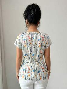 Elenzga 女士优雅休闲串珠裹身圆领收腰碎花短袖衬衫，适合通勤、约会、春夏、工作、聚会、毕业典礼、教师节、感恩节、返校等场合。 - 彩色 - 查看 2