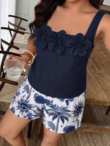 Weeklong Plus Size Women's Spring/Summer 3D Floral Matching Casual Vacation Outfit - Multicolor - View 4