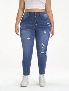 Jeanoix Quần jean skinny rách dáng rộng, cỡ lớn, phong cách thường ngày. - Màu xanh lam - Xem 4