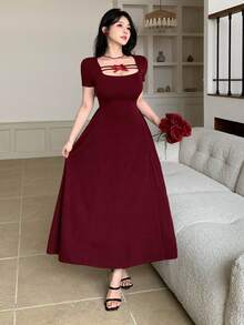 DAZY Red Elegant Bow Decor Long Dress For Women, Spring & Summer - Red - View 10