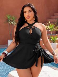 Swim Lushoire 2026 New Plus Size Women Summer Beach Vacation Spaghetti Strap Bikini, Solid Color & Leopard Print Patchwork Design - Black - View 3