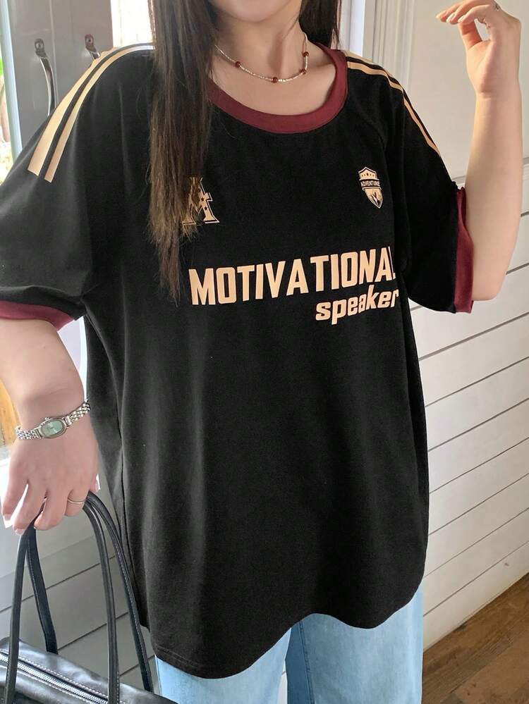 Dazy Plus Letter Print Pattern Loose Sporty Casual Colorblock Splice Fashionable Plus Size Women's Short Sleeve T-Shirt, Spring/Summer Graphic Tees Women