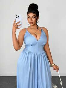 Maweii Bộ jumpsuit xếp ly cổ chữ V sâu, gợi cảm, hiệu ứng denim. - Màu xanh nhạt - Xem 6