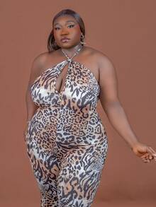 CurvyTilda Plus Size 2025 Spring, Summer, Autumn, Winter New Music Festival, Easter, Western, Nomadic Style, Birthday Party, Casual, Leisure, Cruise, Beach, Sunbathing, Viral Sensation High Elasticity Sexy Party Animal Print (Leopard, Tiger), Flare Jumpsuit With Gloves, For Hourglass Body Shape - Multicolor - View 4