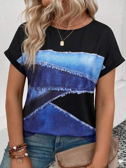 Selamara Camiseta casual versátil de talla grande con cuello redondo, manga corta, estampado gráfico de patchwork de falso denim, nueva llegada de primavera/verano para mujer