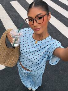 SHEIN Muchic Bộ đồ dệt kim chấm bi xanh dương kiểu dáng thường ngày dành cho nữ - Màu xanh lam - Xem 3