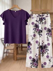 SHEIN Frenchy Bộ đồ 2 mảnh dành cho nữ cỡ lớn: Áo tay ngắn cổ chữ V trơn và quần in hoa, kiểu dáng thường ngày. - Nhiều màu - Xem 7