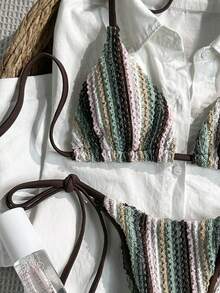 SHEIN Swim Mod 女士提花面料挂脖比基尼套装，春夏款 - 彩色 - 查看 4