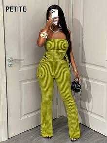 SHEIN PETITE Áo croptop không tay ôm sát gợi cảm dành cho nữ, họa tiết kẻ sọc, kết hợp với quần cạp cao. - Màu xanh Ô liu - Xem 4