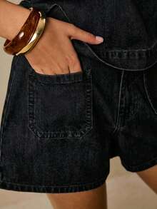 Poéselle Bộ trang phục denim thường ngày dành cho nữ: Áo cổ tròn và quần short. - màu đen - Xem 3
