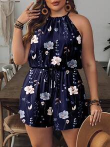 SHEIN VCAY Plus Size Floral Print Halter Romper - Navy Blue - View 3