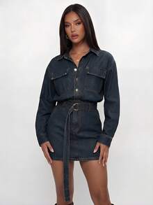 Avantive Waist-Cinching Adjustable Long-Sleeved Blue Denim Short Blue Denim Dress Fall Winter Christmas New Year Going Out Graduation Prom Elegant Formal Luxury Chic Business Casual Birthday Office Outfits Country Concert Club Outfits Sexy Western Work Clothes Streetwear Vintage Festival Cocktail Rave Prom Hawaii Airport Funny Basic Brunch Outfits 2000s Style Bodycon Old Money Style Church Homecoming Classy Party Modest Date Night - Dark Wash - View 5