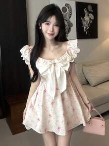 Joudiya Đầm mùa xuân hè màu trắng phối ren, thắt nơ tương phản, họa tiết hoa nhí, thích hợp cho bé gái, phù hợp cho ngày Valentine, đám cưới, tiệc tùng, sự kiện thời trang, trang phục công sở thanh lịch, kiểu babydoll trễ vai, phong cách boho, đi nghỉ mát. - trắng - Xem 5