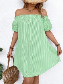 EMERY ROSE Plus Size Striped Print Off-Shoulder Dress - Green - View 5