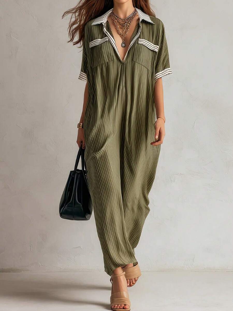 女士梭织条纹休闲度假夏季连体裤 - 綠色 - 查看 1