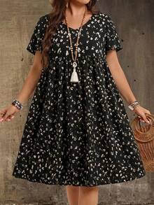 EMERY ROSE Plus Size V-Neck Short Sleeve Casual Dress,Country Vacation Outfits Woman,Simple And Fashionable For Everyday Wear,Summer Tops Women,Summer - Black - View 4