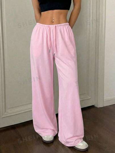 SHEIN EZwear Quần nỉ thể thao dáng rộng, màu trơn, có dây rút, phù hợp cho mùa tốt nghiệp, mùa tựu trường và giáo viên, màu hồng.