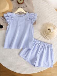 SHEIN Tween Girls' Summer Cute Blue And White Striped 2-Piece Set,Vacation Holiday Ruffle Blouse And Shorts,Minimalist Comfortable Outfits For Youth Girls - Blue and White - View 3