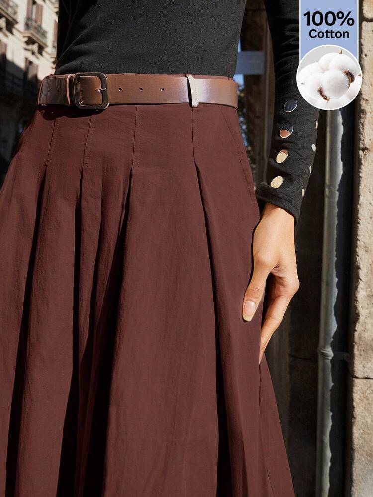 SHEIN Maija Rich Brown Summer Chic City Break Flared Skirt,100% Cotton Pleated Sundress With Side Pockets,Detachable PU Belt,Versatile Y2K Formal Office Skirt