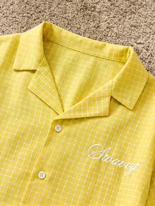 SWAVVY Men's Contrast Color Patchwork Plaid Letter Embroidery 2 In 1 Shirt - Light Yellow - View 7
