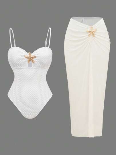 Swim Oasis 纯白色两件式泳衣套装，女士款，饰有金属海星纹理和网纱裙摆