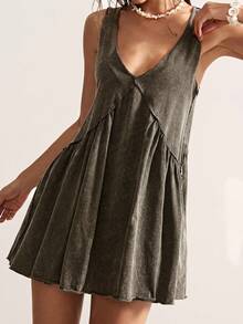 SHEIN BohoFeels Casual Solid Color Knit V-Neck Loose Women Short Dress - Army Green - View 3