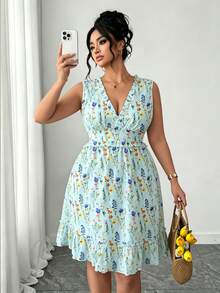 Elenzga Đầm dự tiệc và dạo phố cổ chữ V in họa tiết toàn thân dành cho nữ cỡ lớn - Màu xanh lam - Xem 6