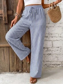 SHEIN Frenchy 16%棉 女士休闲简约蓝白条纹图案长裤 - 藍白色 - 查看 4